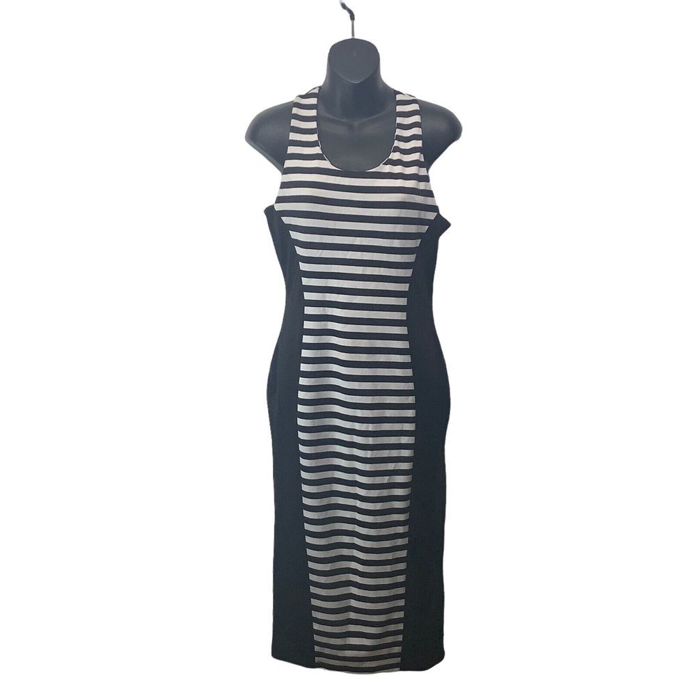 Nicki Minaj Black White Bodycon Dress Size Large back Zipper‎ Stretch Striped